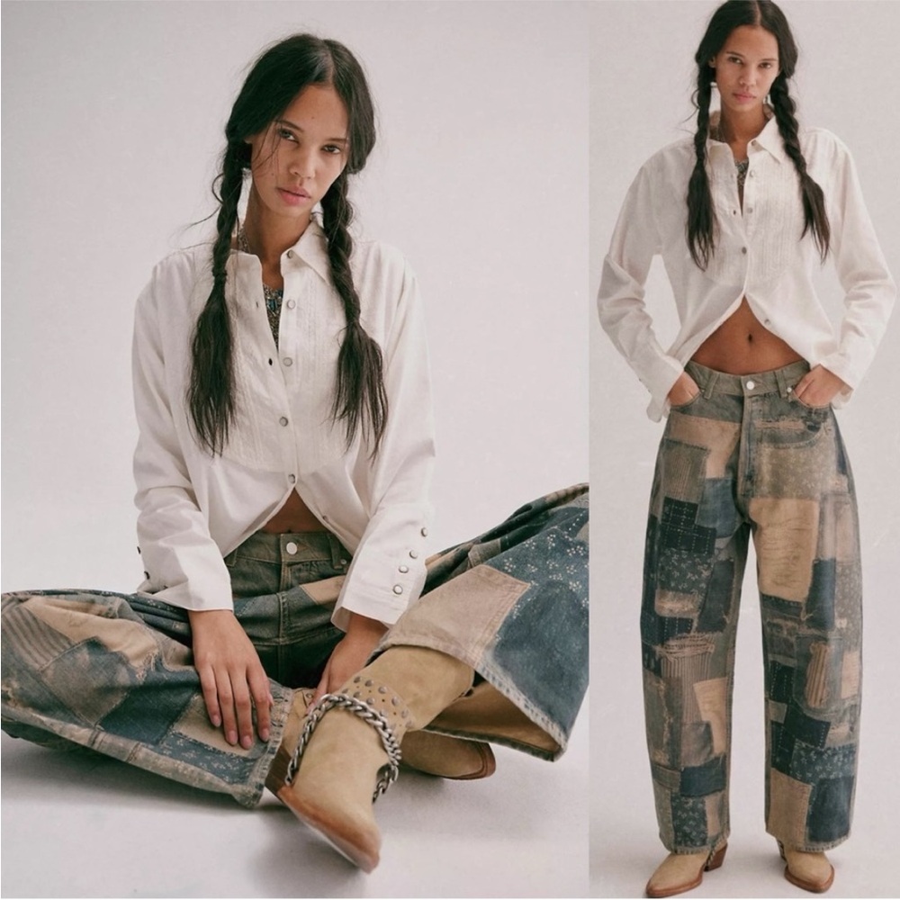 Free People Illusions 
Patchwork Relaxed Barrel Jeans
Indigo Size 26 NWT RARE
